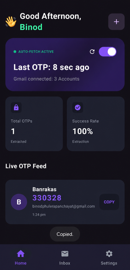 MailSync Home Screen - Live OTP