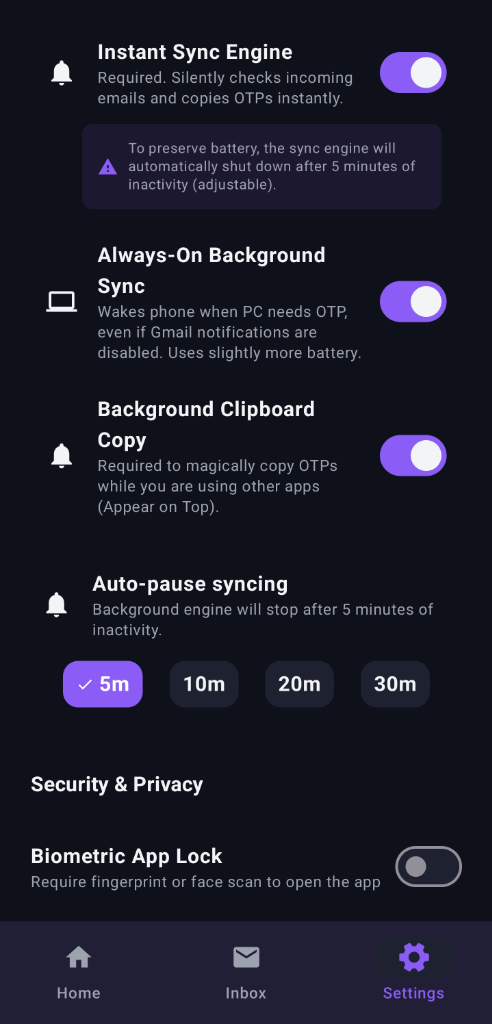 MailSync Settings and Background Sync